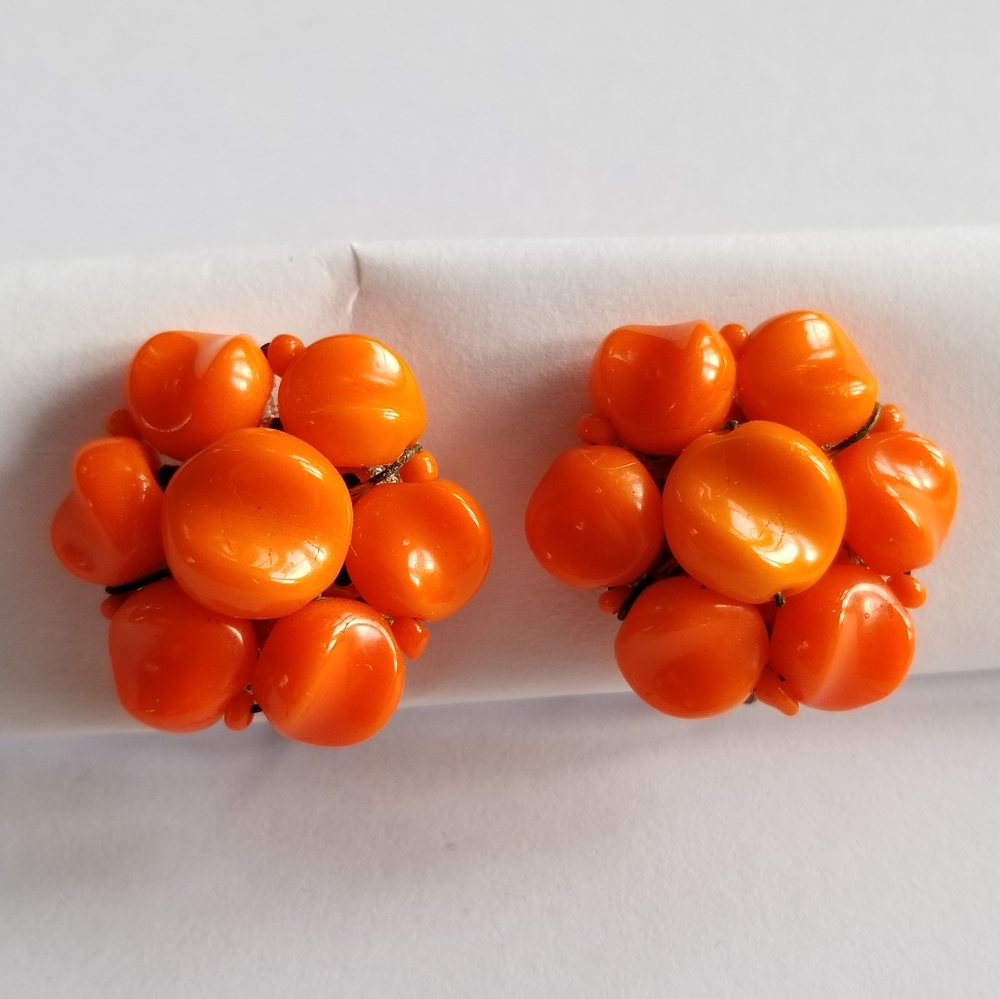 Vintage earrings orange bead cluster earrings screwback
